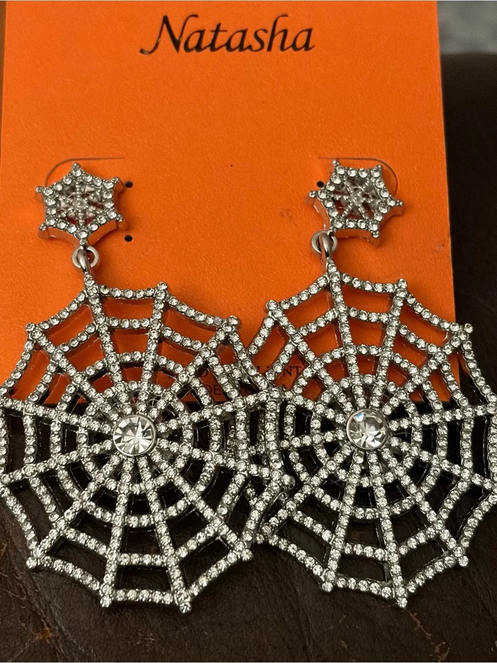 Natasha Couture Silver Crystal Spiderweb Statement Earrings